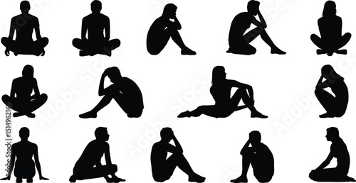 Vector silhouettes of seated people in contemplative and relaxed poses, perfect for lifestyle, meditation, yoga, and creative design artwork