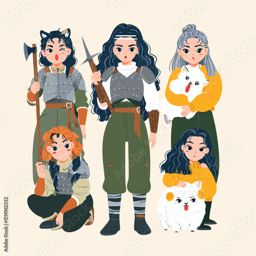 Valiant Defenders: A gathering of diverse warrior women stands poised, their detailed armor and weapons set against a soft background, exuding strength and fortitude.