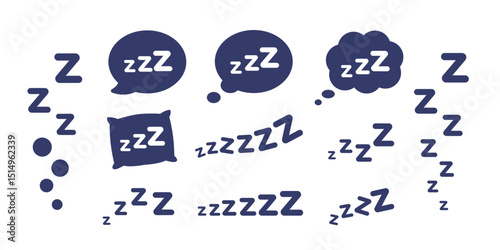 Collection of various Z symbols representing sleep, including speech bubbles, clouds, and pillow shapes in a flat style on a white background. Concept of sleeping. Vector illustration