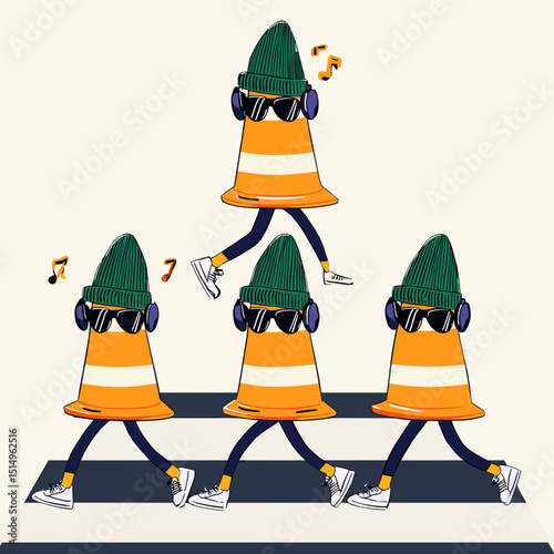 Groovy Cones Crossing: Four cool traffic cones, each wearing a beanie and sunglasses, groove across a pedestrian crossing while listening to music.  The illustration is vibrant and playful.