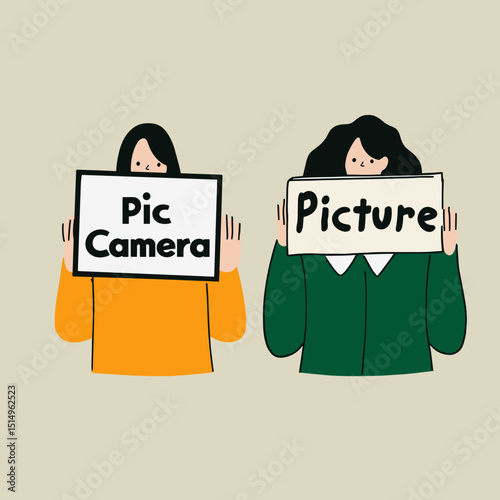 Picture and Camera concept: Two individuals hold up signs saying "Pic Camera" and "Picture," cleverly conveying the essence of visual storytelling. Their expressions embody the charm, creative fun.