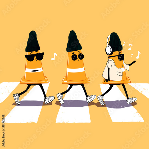 Cones in Concert: A whimsical illustration captures three traffic cones walking across a crosswalk, each with unique accessories, as musical notes float around them.