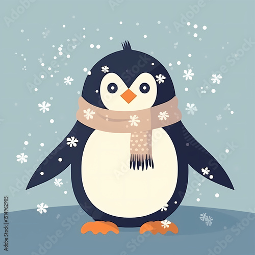 Cozy Penguin in Snowfall: A cheerful penguin, adorned in a warm scarf, stands amidst a flurry of snowflakes, exuding a sense of joy and winter wonder.