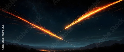 Fiery Twin Meteors Blazing Through the Night Sky – Glowing Comets with Intense Orange Flames and Bright Trails Against a Starry Black Space Background Depicting Celestial Motion and Cosmic Impact Ener