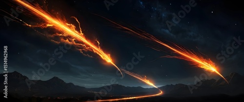 Fiery Twin Meteors Blazing Through the Night Sky – Glowing Comets with Intense Orange Flames and Bright Trails Against a Starry Black Space Background Depicting Celestial Motion and Cosmic Impact Ener