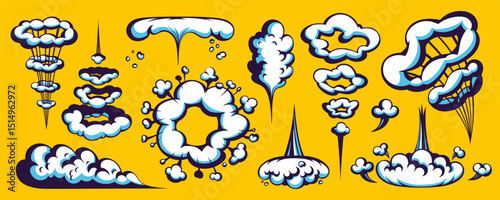Cartoon comic cloud explosion set with bold outlines, motion trails, and smoke puffs on yellow background. Comic explosion elements for dynamic cartoon motion. Ideal for posters, games, designs
