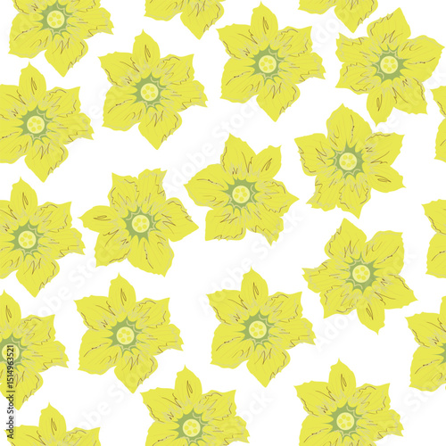 Seamless pattern featuring hand-drawn pumpkin flowers on a light background. Vector illustration ideal for fabric design, endpapers, backgrounds, and kitchen-themed projects. The soft colors and natur