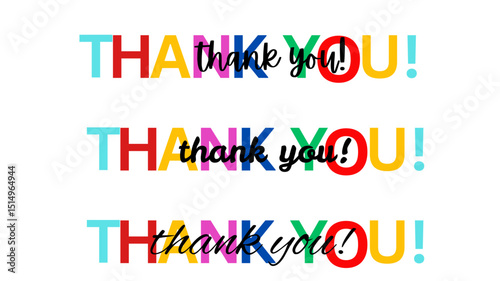 Three rows display the words "THANK YOU!" in bold, colorful letters, with "thank you!" written in cursive over the first phrase. 