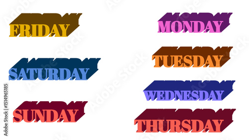 Illustrated are the days of the week, from Monday to Sunday. Each day has a different color and a blocky, 3D appearance, adding a playful touch.