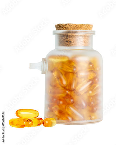 Frosted glass jar with cork lid filled with fish oil capsules and some outside on transparent background