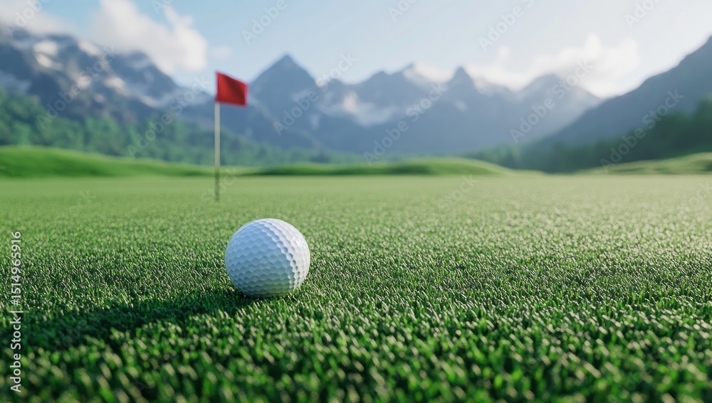 Obraz premium Golf Ball on Green Course with Mountain Background under Blue Sky