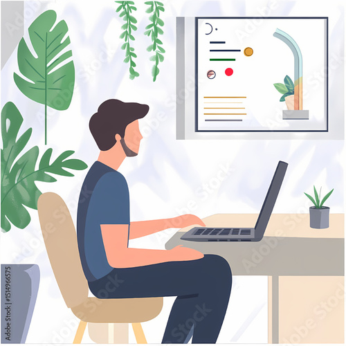 Remote Workspace: A figure is depicted at his desk, skillfully using a laptop while being surrounded by indoor plants and an office scene.
