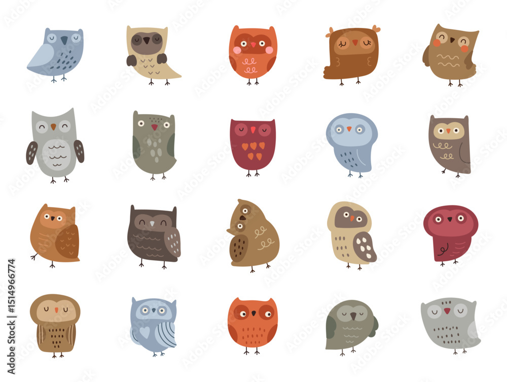 Fototapeta premium Owl character scandinavian style set created for cute woodland bird designs with feathers, wings, beak and cozy animal illustrations in kids themed projects