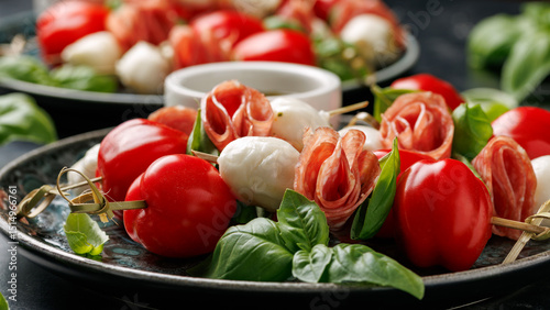 Mini skewer appetizers with salami, mozzarella and tomatoes. Healthy antipasto skewer.