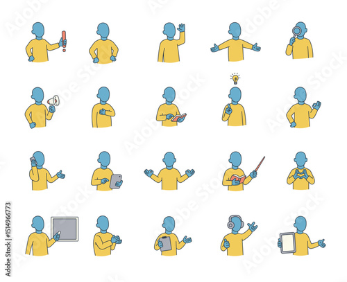 Abstract guide character set with hands, books, signs, boards, devices, emotions, communication, presentation, teaching, reading, message, symbols, approval, music, and expressive human poses