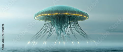 Massive Futuristic Spaceship In Misty Atmospheric Landscape