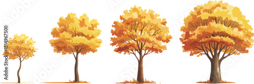 “Vector illustration of autumn trees with bright yellow and orange foliage, perfect for seasonal designs, forest artwork, and nature backgrounds.”