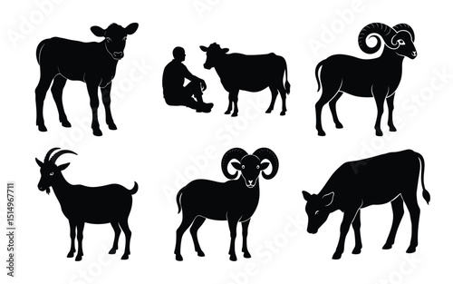 A striking vector collection of black wild and farm animal silhouettes, including horses, cows, deer, and elephants, perfect for diverse illustrations