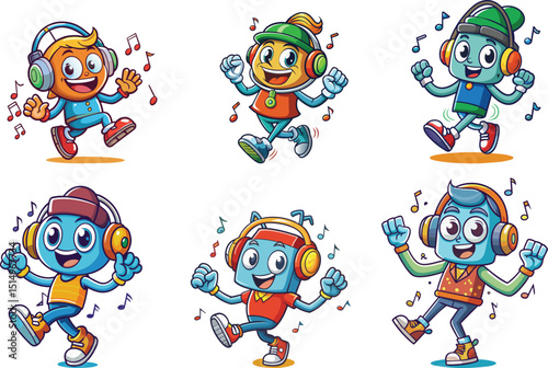 cartoon character dancing and listening to music set vector illustration