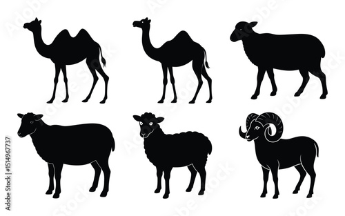 Farm animal silhouettes with cow goat and bull in black vector style