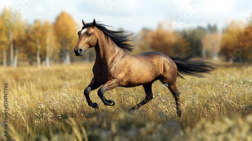 Brown Horse Galloping Freely Through a Golden Field in Autumn