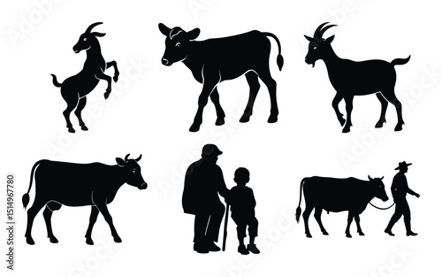 Farm animal silhouettes with cow goat and bull in black vector style