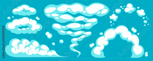 Cartoon comic smoke cloud explosion with dynamic dust shapes and effects on turquoise background. Cloud and smoke elements, comic style explosion. Perfect for games, effects, stickers