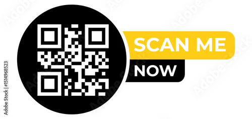 Black Circle QR Code with Yellow Scan Me Now Banner