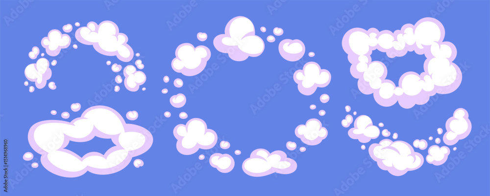 Fototapeta premium Cartoon cloud vector with comic smoke and cloud puffs on a violet blue background. White and light purple cloud elements in playful cartoon style. Ideal for kids graphics, comics, packaging, games