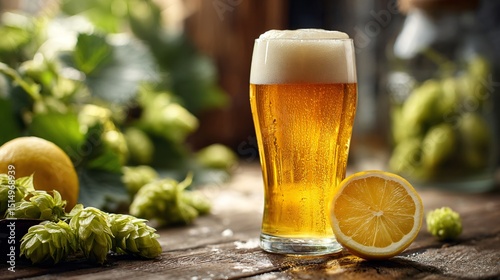Glass of unfiltered wheat beer with lemon slice and blurred hops vines,
