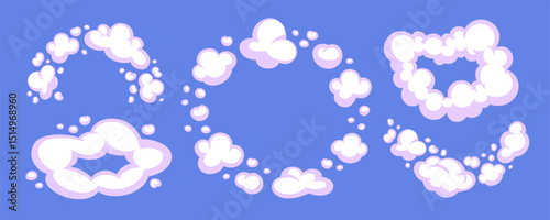 Cartoon cloud vector with comic smoke and cloud puffs on a violet blue background. White and light purple cloud elements in playful cartoon style. Ideal for kids graphics, comics, packaging, games