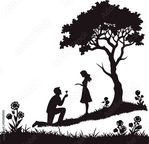 Silhouette of a man proposing to a woman under a tree on a romantic proposal