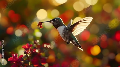 Hummingbird Feeding on Red Flower in Sunny Garden Bokeh Background