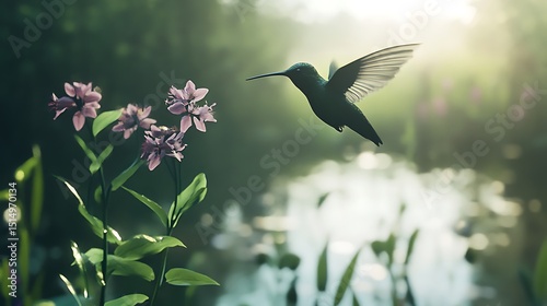 Hummingbird Flying Near Pink Flowers in a Tranquil Garden Scene