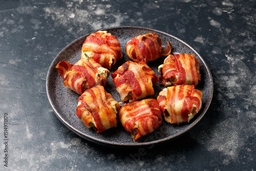 Bacon Wrapped Mushrooms stuffed with garlic cream cheese.