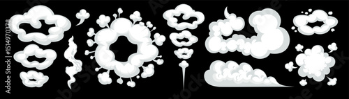 Cartoon smoke cloud with comic puff, speed, and motion effect on black background. Vector Smoke shapes and clouds in dynamic comic style. Great for action scenes, games, and animation