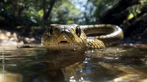 Snake Swimming in Water, Closeup of Reptile Head in Natural Habitat