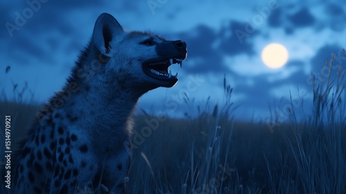 Hyena Growling at Night with Moon in Background in Field