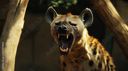 Roaring Hyena Showing Teeth with Open Mouth Under Tree Branches