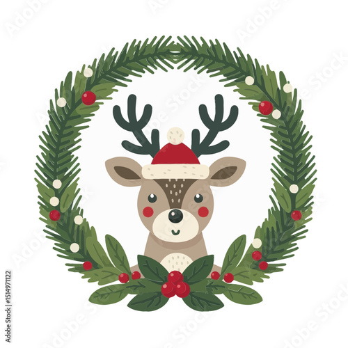 A charming reindeer wearing a Santa hat peeks from a festive Christmas wreath, perfect for holiday-themed websites, blogs, or seasonal promotions.