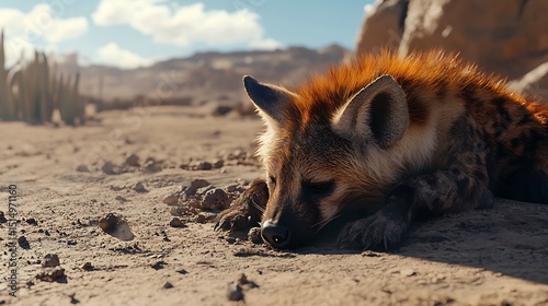 Sleeping Hyena Rests on Dry Ground Under a Desert Sky