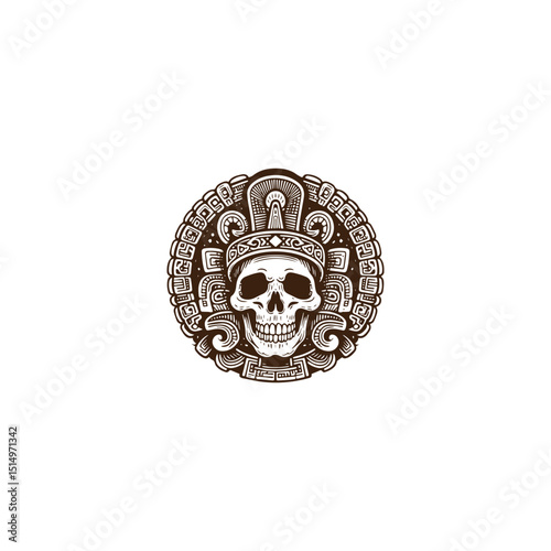 Mayan skull head totem engraving style logo design vector vintage