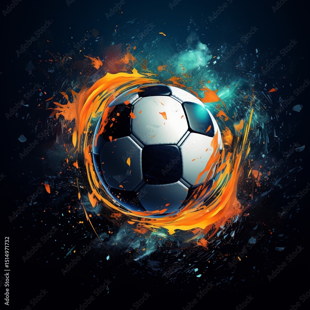 Fototapeta premium A vibrant soccer ball illustration with dynamic splashes of color. Perfect for sports-themed projects, graphic design, and promotional materials, showcasing modern creativity.