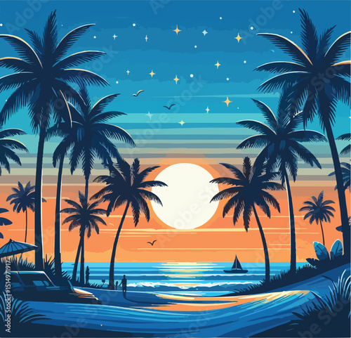 Evening on the beach with palm trees. An evening on the beach with palm trees. Colorful picture for rest. Blue palm trees at sunset. Orange sunset in the blue sky. Vector illustration