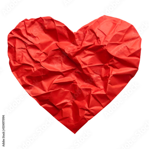 A crumpled red paper heart isolated on transparent background