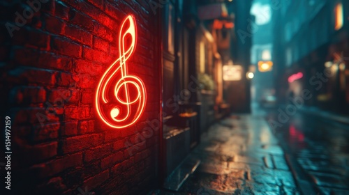 Neon music note sign on brick alleyway at night