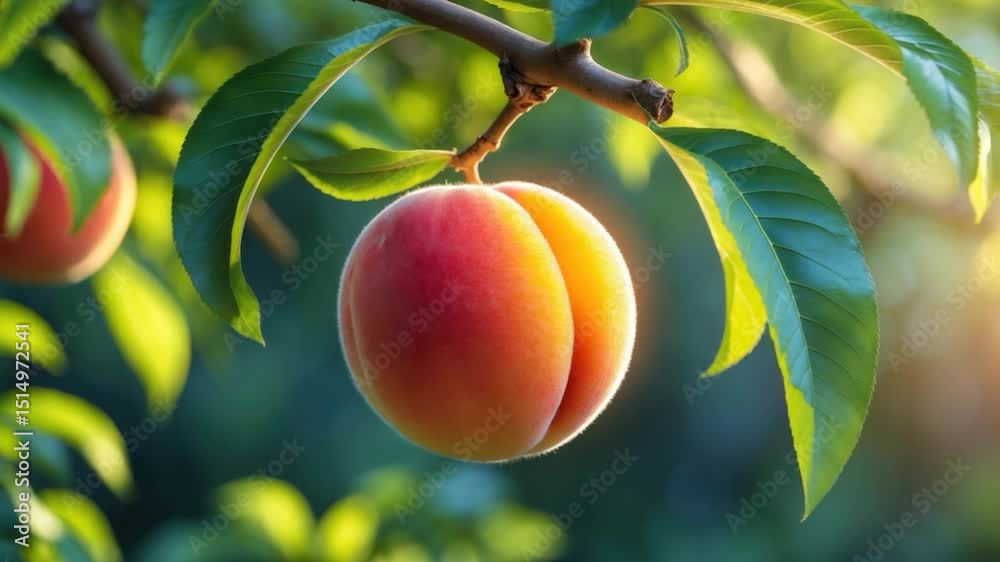 Ripe peach fruit hanging on a branch surrounded by lush green leaves, illuminated by soft sunlight, showcasing its vibrant colors and fuzzy texture.