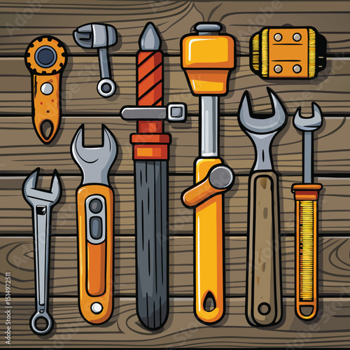Collection of various tools on a wooden surface