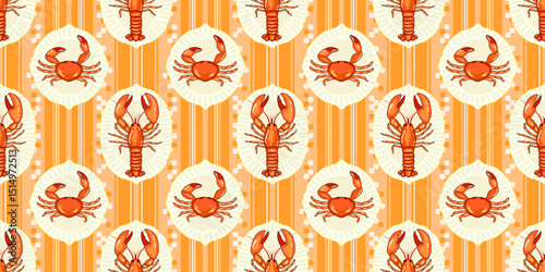 Mediterranean seaside summer seafood concept culinary theme seamless pattern. Hand drawn crab and lobster served on a plate on orange striped tablecloth background print design vector illustration