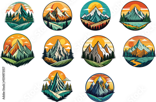 set of landscapes of mountains with trees, sun, and green fields, badge design, camping logo vector illustration